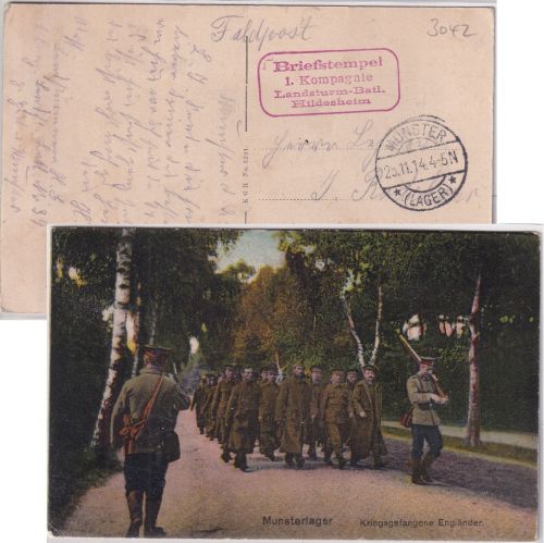 DR - Munster (Lager) 1914 Tagesstpl. Feldpostkarte (AK engl. Kriegsgefangene)