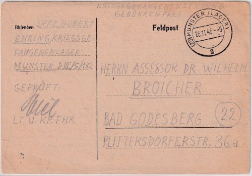 All.Bes. - (20) Munster (Lager) 26.11.45 Kriegsgefangenenkarte n. Bad Godesberg