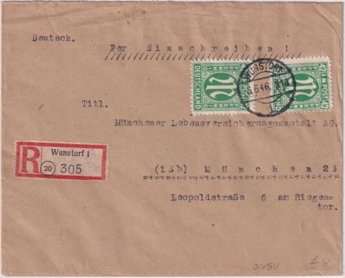 AM-Post - 2x42 Pfg. dt. Druck Einschreibebrief Wunstorf - München 1946