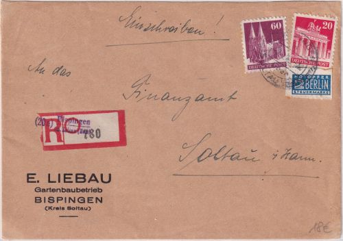 Bizone - (20a) Bispingen ü. Soltau Poststelle I Einschreibebrief n. Soltau 1950