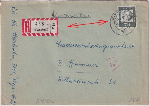 BRD - Riepen 1965 Poststelle I Einschreibebrief Wunstorf - Hannover