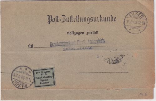 DR - Eilsen 1903 Frei d. Ablösung Nr. 8 Postzustellurkunde n. Bückeburg