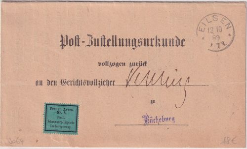 DR - Eilsen 1889 K1 Postzustellurkunde Frei d. Ablösung Nr. 8 n. Bückeburg