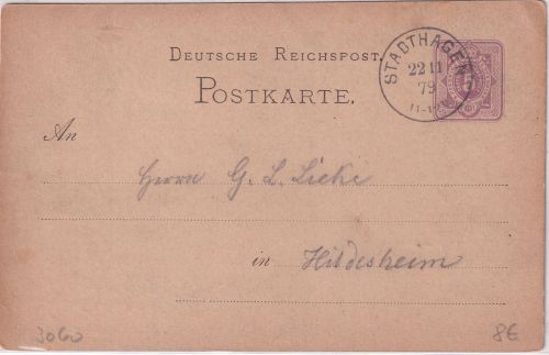DR - Stadthagen 1879 kl. K1 5 Pfg. Ganzsache n. Hildesheim