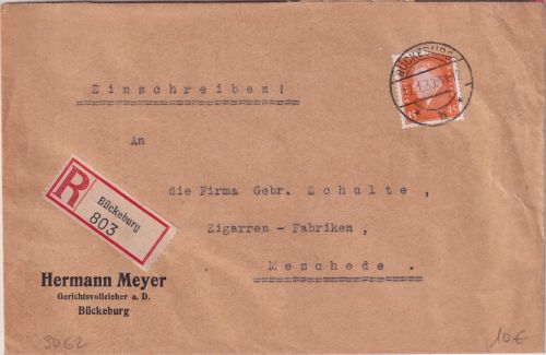 DR - 45 Pfg. Ebert Einschreibebrief Bückeburg - Meschede 1930