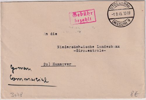 All.Bes. - Stolzenau (Weser) 1.9.45 Gebühr bezahlt Ra2 Brief n. Hannover
