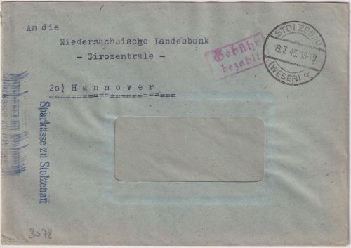 All.Bes. - Stolzenau (Weser) 19.7.45 Gebühr bezahlt Ra2 Brief n. Hannover