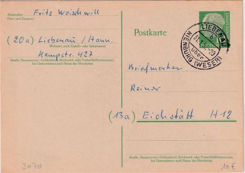 BRD - Liebenau ü. Nienburg (Weser) Poststelle I Ganzsache n. Eichstätt 1957