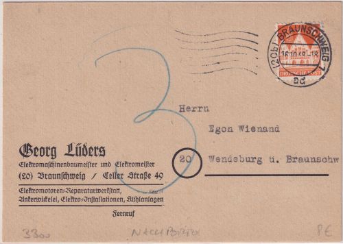 Bizone - 8 Pfg. Bauten Fernkarte Braunschweig - Wendeburg 1948 Nachporto