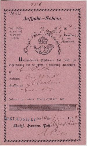 Hannover - Wartjenstedt blauer L1 Aufgabeschein f. Wertsendung 1858