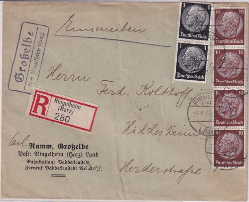 DR - Großelbe ü. Ringelheim Landpost-Ra2 Einschreibebrief n. Hildesheim 1935
