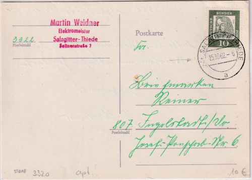 BRD - Salzgitter-Thiede aptierter Tagesstempel Karte n. Ingolstadt 1962