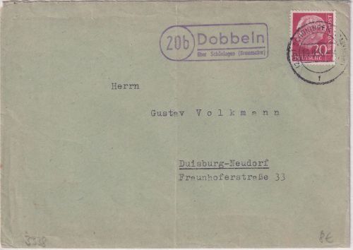 BRD - (20b) Dobbeln ü. Schöningen Landpost-Ra2 Brief n. Duisburg 1958