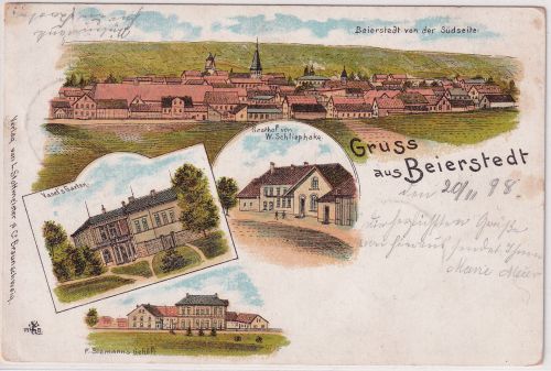 Niedersachsen - Beierstedt Gasthof Gehöft etc. Mehrbild-Farblitho gelaufen 1899