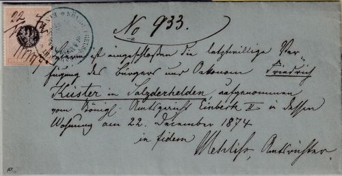 DR - Salzderhelden (Einbeck) 1875 Testamenthülle m. 15 Sgr. Stempelmarke