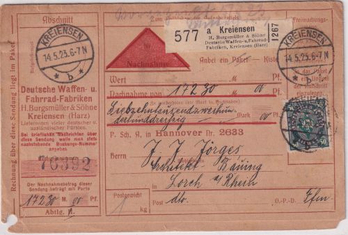DR - 50 M. Posthorn Perfin "B" Nachnahme-Paketkarte/Selbstbucher Kreiensen 1923