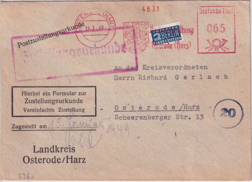 Bizone - Osterode 1949 65 Pfg. AFS + Notopfer Zustellurkunde/Ortsbrief