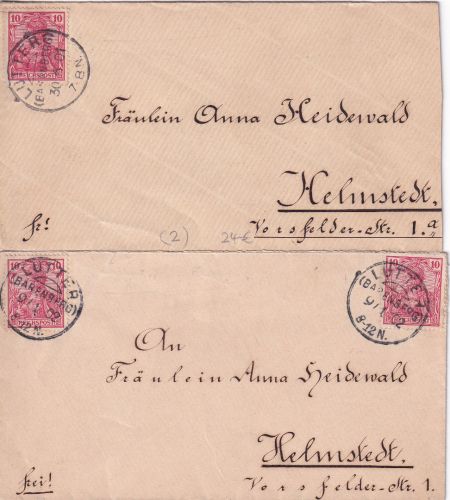 DR - Lutter (Barenberg) 1901/1902 KOS - 2 Damenbriefe (EF/MEF) n. Helmstedt
