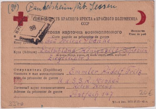 UdSSR/All.Bes. - Kriegsgefangenenkarte n Königszelt/Schlesien 1946 Weiterleitung