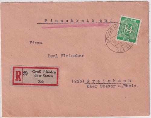 All.Bes. - Groß Rhüden ü. Seesen Poststelle I Einschreibebrief n. Freisbach 1947