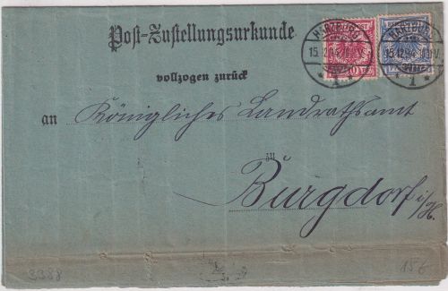 DR - 10+20 Pfg. Krone/Adler Postzustellurkunde Harzburg - Burgdorf 1894