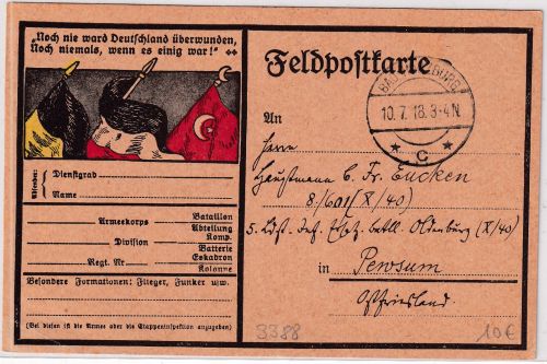 DR - Bad Harzburg 1918 patriotische Feldpostkarte n. Pewsum