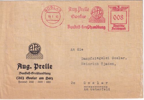 DR - Goslar 19.1.45 8 Pfg. AFS "Baustoff-Großhandlung Aug. Prelle" Ortsbrief