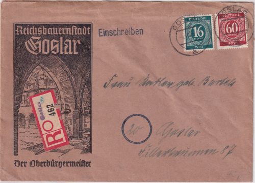 All.Bes. - 60+16 Pfg. Ziffer illustr. Ortseinschreibebrief Goslar 1946