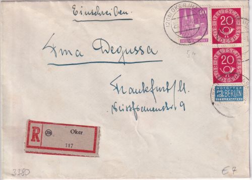 BRD - 40+2x20 Pfg. Bauten/Posthorn Einschreibebrief Oker - Frankfurt a/M 1952