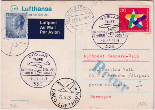 BRD - Goslar LH City-Jet Taufe SST Luftpostkarte n. NORWEGEN 1969
