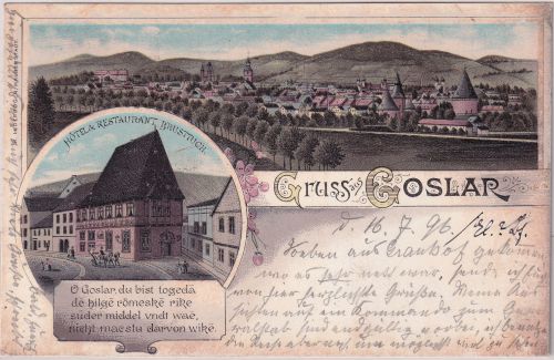 Niedersachsen - Goslar Hotel Restaurant Brusttuch Farblitho gelaufen 1896