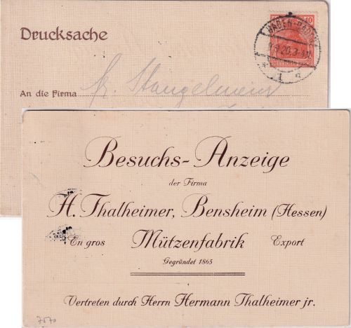 DR - Baden-Baden 1920 Drucksache/Reiseavis Mützenfabrik Thalheimer Bensheim