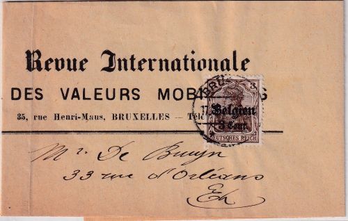 LP Belgien - 3 C. Germania/Überdruck Orts-Zeitungsstreifband Brüssel 1917