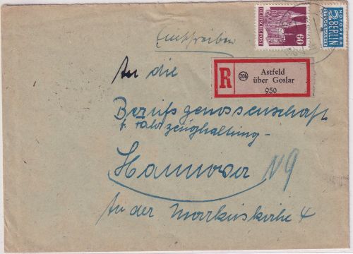 Bizone - Astfeld ü. Goslar Poststelle I Einschreibebrief n. Hannover 1950