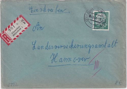 BRD - 90 Pfg. Heuss II Einschreibebrief Clausthal-Zellerfeld - Hannover 1961