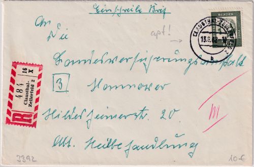 BRD - Clausthal-Zellerfeld apt. Tagesstempel Einschreibebrief n. Hannover 1961