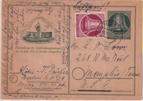 Berlin - 10 Pfg. Luftbrückendenkmal Ganzsache+Zusatz Luftpostkarte n. USA 1952