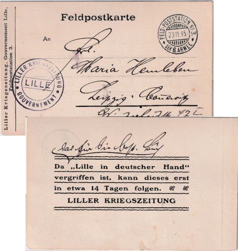 Bayern - Liller Kriegszeitung Briefstpl Feldpostkarte Fp.Stat.No.3 6. Armee 1915