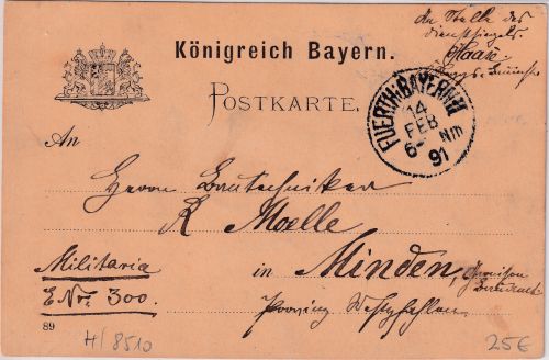 Bayern - Fürth 1891 Militaria-Postkarte (Stellenausschreibung) n. Minden