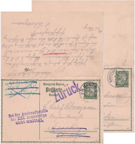Bayern - 5/5 Pfg. Hupp Ganzsache/Doppelkarte Freising/Moosburg 1914