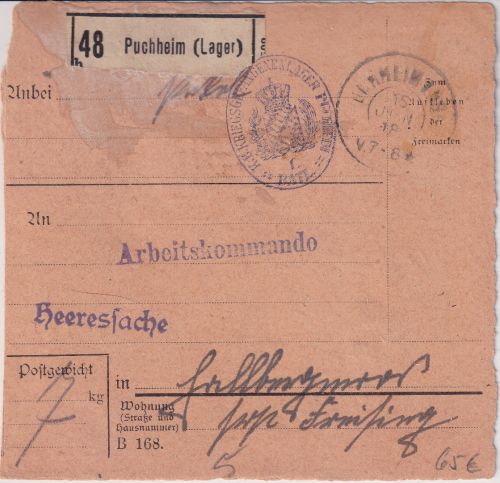 Bayern - Puchheim (Lager) 15. JUN 15 Reserve-K2 Heeressache-Paketkarte