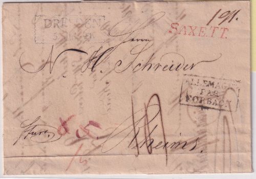 Sachsen/Frankreich - Dresden 1821 Ra2 + roter L1 "SAXE TT" Portobrief n. Rheims