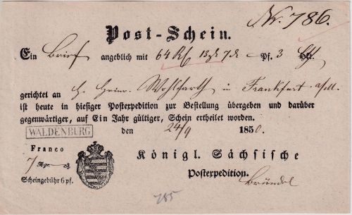 Sachsen - Waldenburg Ra1 Postschein f. Wertbrief n. Frankfurt a/M 1850