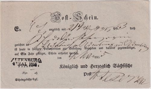 Sachsen - Altenburg 1855 L2 Postschein f. Fahrpostsdg. n. Oldenburg - Empfänger!