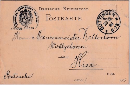 DR - Göttingen 1888 K1 portofreie Ortskarte/Postsache