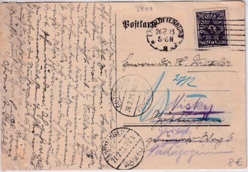 DR-Infla - Göttingen "Entlastet" + "Porto" Karte Charlottenburg 1923 Irrläufer