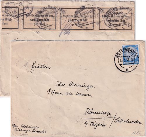 DR - 25 Pfg. Hindenburg Brief n. SCHWEDEN Göttingen 1938 Devisenzensur