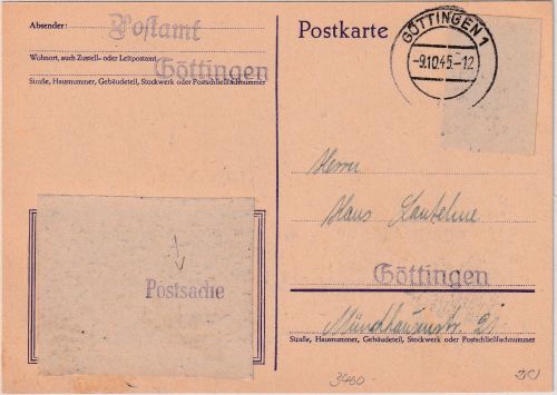 All.Bes. - Göttingen 9.10.45 entnazifizierte AH-Ganzsache Postsache/Ortskarte