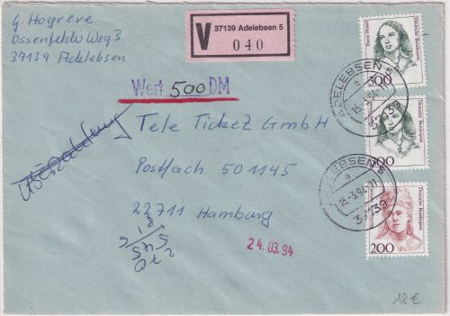 BRD - 2x300+200 Pfg. Frauen Wertbrief Adelebsen - Hamburg 1994