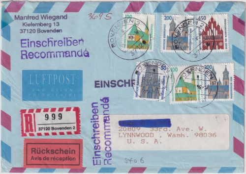 BRD - 450 Pfg. SWK u.a. Luftpost-Einschreiben/Rückschein n. USA Bovenden 1995